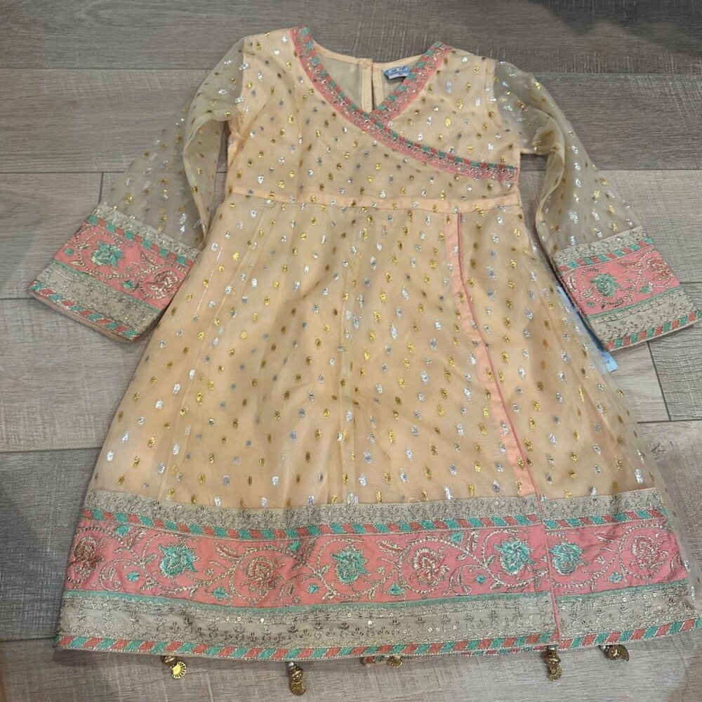 Girls Peach Traditional Embroidered Dress W/ Sheer Sleeves & Gold Detailing Size